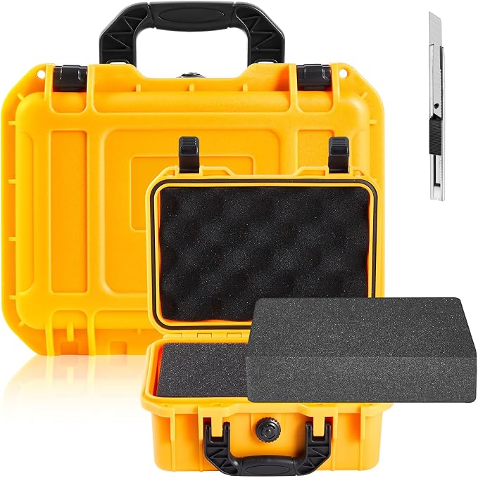 Relaxweex 1 Pcs Waterproof Hard Case with DIY Customizable Foam Insert Portable Protective Case with Knife for Camera Drones Equipments Tools Test Instruments(Yellow,11.3 x 8.7 x 4.2 Inch)