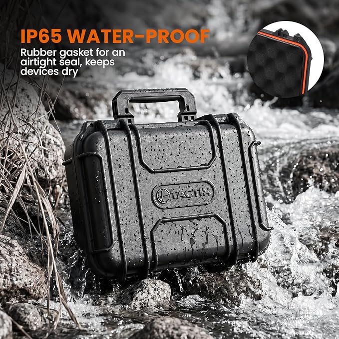 Tactix Hard Case S Waterproof Camera Protective Case IP65 Heavy-Duty with Custom Foam Insert, Fit Use of Drones, Camera, Equipments, Tools, 9.25"x7.48"x4.4" Black