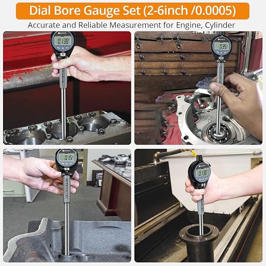 Neoteck Bore Gauge Set Digital Indicator Dial Bore Gauge (2-6"/0.0005") Measurement with Self-Centering Dial, Carbide Anvils,and Insulated Grips for Deep Engine Cylinder Measurement-Silver
