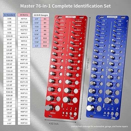 76 Thread Checker, Nut and Bolt Thread Checker Standard and Metric, Thread Gauge with 31 SAE & 29 Metric & 16 Drill Bit Sizes, Aluminum Screw Nut and Bolt Size Gauge Finder Identifier Set