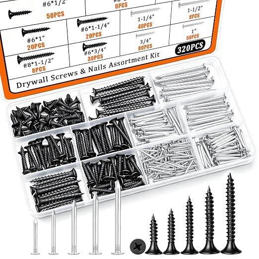 Dianrui Nails & Wood Screws Assortment Kit, 320 PCS #6#8 Philips Black Drywall Screws Set and High Hardness Hardware Small Nails for Picture Hanging/DIY Repair Project Length 1/2" to 2"
