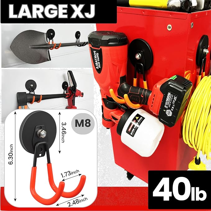ULIBERMAGNET Heavy Duty Magnetic Garage Hooks,12 Pack Strong Large Magnet Hooks for Power Drill,Garden Tools,Hose,Pegboard,Garage, Workshop,Magnetic Storage Hooks for Indoor Outdoor Hanging(Orange)