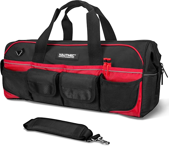 HAUTMEC 24" Heavy-Duty Large Tool Bag, 1680D Wear-Resistant Wide Mouth Tool Bag with Metal Frame & Hard Base, 36 Pockets, Level Holder, Anti-Tangle Padded Shoulder Strap – HT0284