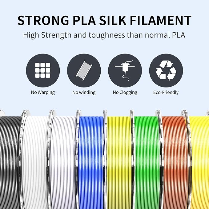 RAMBERY 250gx8 Silk PLA Filament Bundle 1.75mm 3D Printer Filaments, 8 Colors 250g Spool, Black/White/Silver/Green Bronze/Gemstone Blue/Christmas Green/Red Bronze/Yellow