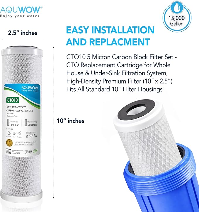 CTO10 5 Micron 2.5" x 10" Carbon Block Water Filter Set – Replacement Cartridges for Whole House and Under Sink Systems, Universal Standard Size (3, 10 x 2.5)