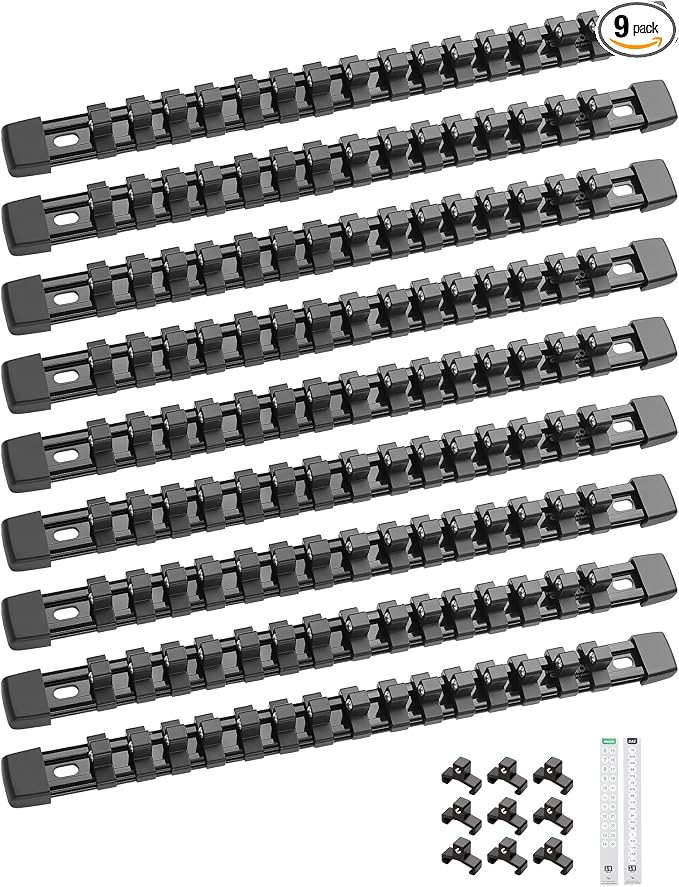 ALOANES 9PC ABS Socket Organizer, Socket Rails Fit 3/8 inch Drive | Heavy Duty Socket Holders Hold up 135 Sockets for Toolbox Drawer Bags(Black)