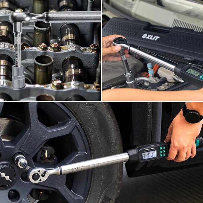 1/2” Digital Torque Wrench Set 7.5-250.8 ft-lb/10.2-340 Nm, ±2% Accuracy, LED & Buzzer Alerts, with 3 Adapters (1/4", 3/8"& Extension Bar), Industrial CR-V Steel for Car, Motorcycle, Bike Repair