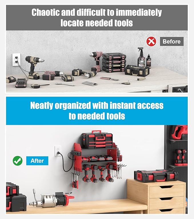 CCCEI Modular Power Tool Organizer Wall Mount with Charging, Red, 1 Pack | Drill & Battery Storage Rack with Peg Hooks, Garage Workshop, Gifts for Men, Husband, Anniversary, Birthday