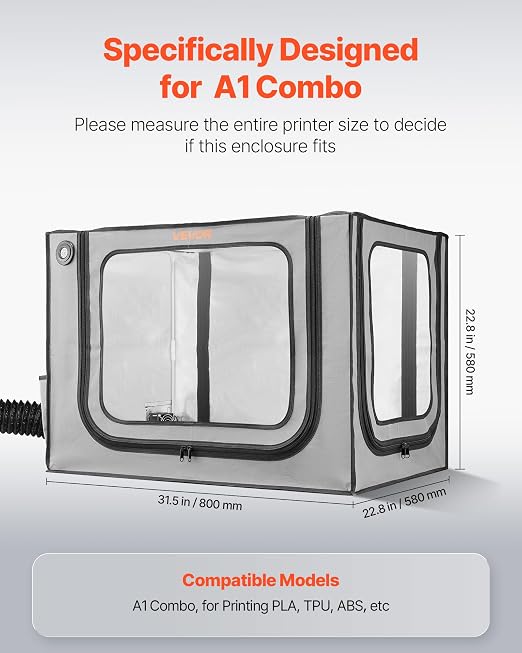 VEVOR 3D Printer Enclosure with Ventilation, Dustproof Waterproof Large Size 600D Oxford Cloth 3D Printer Tent, Constant Temperature Protective Case with LED, Designed for Bambu Lab A1 Combo, Grey