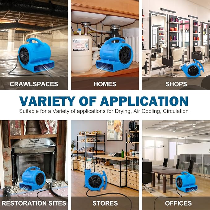 MOUNTO 1/4hp 1000CFM 2 Speed Air Mover Carpet Dryer Floor Fan Cooling Fan (Blue)
