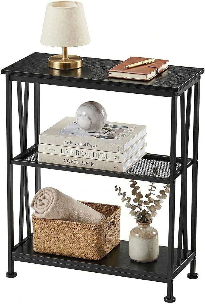 Narrow Side Table,3-Tier End Table With Storage Shelves,Small Hallway Table, Industrial Accent Table With Metal Frame Slim Nightstand Sofa Side Table for Small Spaces,Living Room, Bedroom,Black