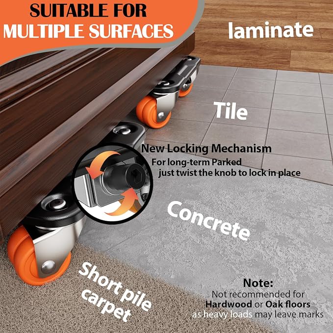 ONEON Heavy Duty Furniture Movers with Wheels Dolly with Auxiliary Lifter, All-New Upgraded Carbon Steel Panels & Dual-Wheeled Casters, Supports up to 2200 lbs (XL+Parked)
