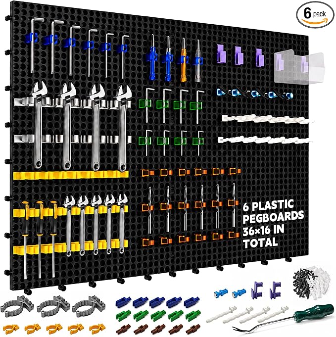 Plastic Pegboard Wall Organizer Kit, 6 Black Panels 36" x 16", 200 Accessories with Hooks, Clips & Holders, Modular Tool Storage Board for Garage, Workbench, Craft Room, Home Repair