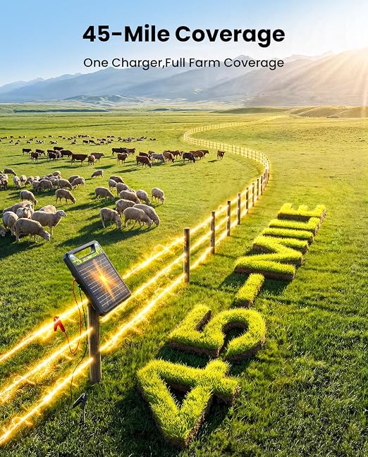 45-Mile Solar Electric Fence Charger, Epoify 1.0J LD03 Fence Charger with 8000mAh Battery & 8W Panel, 8KV-12KV High Voltage Pulse Electric Energizer for Cattle, Horse, Deer & Predator Control
