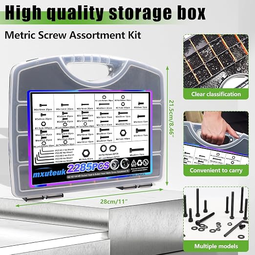 mxuteuk Metric Screw Assortment Kit,M2 M3 M4 M5 Metric Bolts and Nuts Kit,Hex Socket Button & Cap Head Machine Screws,12.9 & 10.9 Grade Alloy Steel Bolts with 5 Hex Wrench（2285PCS)