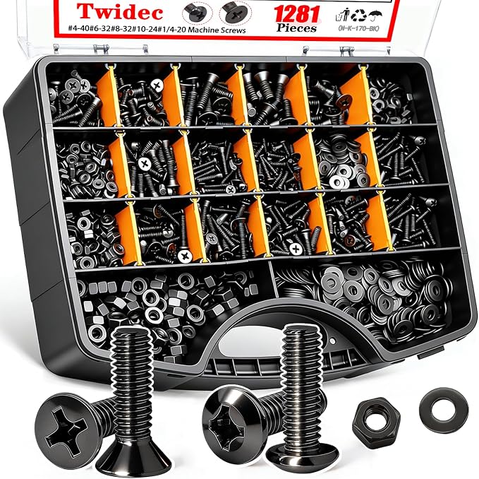 Twidec/1281PCS Nuts and Bolts Assortment Kit,Machine Screws,Black 304 Stainless Steel Phillips Pan Head and Flat Head Screws #4-40#6-32#8-32#10-24#1/4-20 with Nuts, Bolts,Washers in the Storage Case