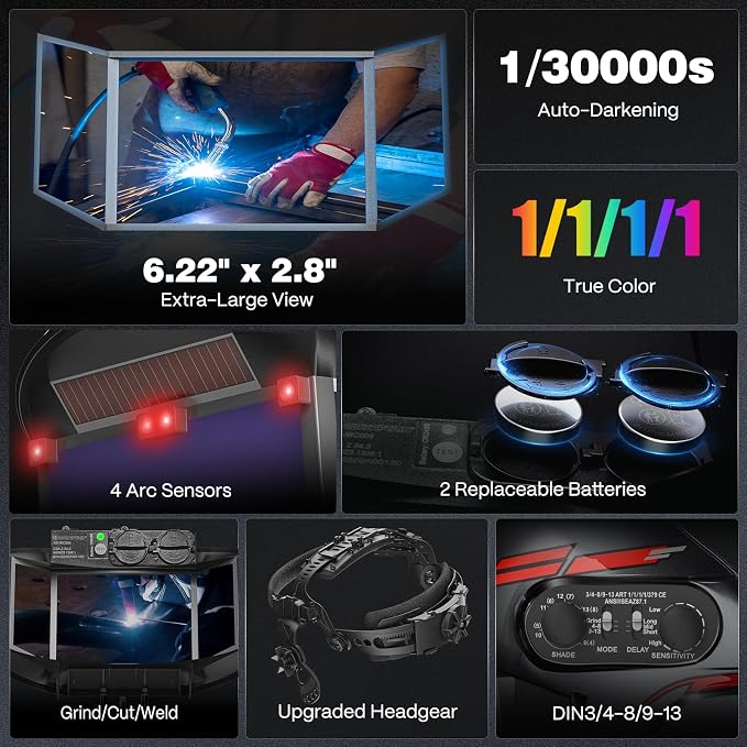 ARCCAPTAIN Auto Darkening Welding Helmet with Panoramic Side View, 6.22" x 2.8" Extra-Large Viewing Screen, 1/1/1/1 True Color Welding Hood, 4 Arc Sensors, Shade 3/4-8/9-13 for TIG/MIG/ARC/Cut/Grind