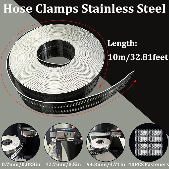 Hose Clamps Stainless Steel, Hose Clamp Assortment Kit, 32.81FT DIY Large Adjustable Worm Gear Metal Clamps Fuel Line Clamp with 40 Fasteners for Plumbing, Water Pipe, Radiator, Automotive, Mechanical