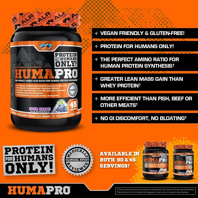 ALR Industries Humapro | Amino Acids Protein Matrix for Humans | 99% Utilization for Lean Muscle | Vegan, Gluten Free | 45 Servings (Sour Grape)