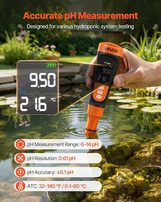 VEVOR pH Meter, 0-14 pH Range, IP68 Waterproof Probe, Pocket Tester Kit with Calibration Powder Packets, VA Display Screen, for Drinking Water, Hydroponics, and Aquarium Water Quality Testing