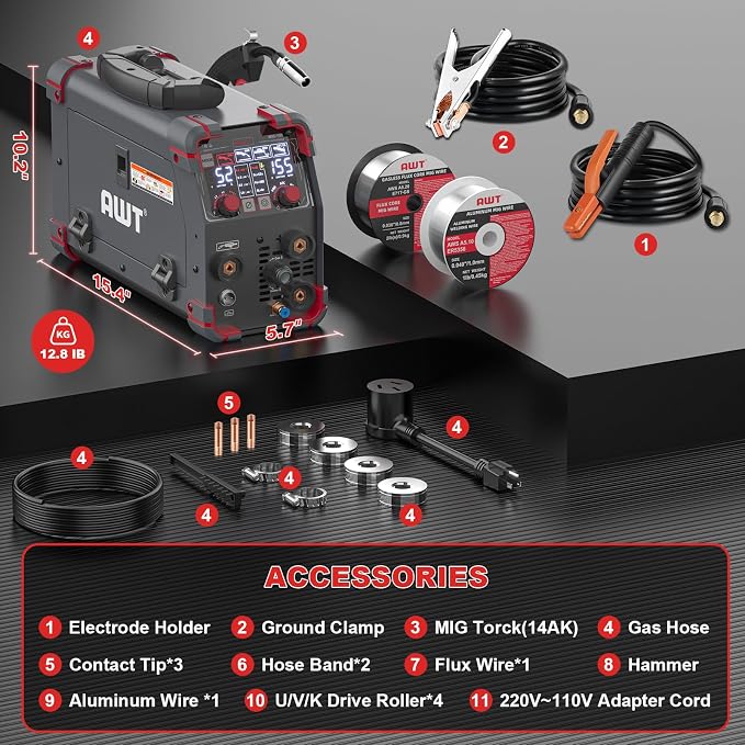 AWT Aluminum 155A MIG Welder,5 in 1 Gas MAG/Aluminum MIG/Gasless Flux Core MIG/Stick/Lift TIG Aluminum MIG Welding Machine,110/220V Welding Machine with Multiprocess Wire Feed