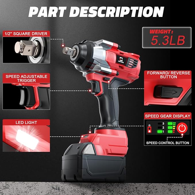Cerycose 1000 FT-LBS Cordless Impact Wrench 1/2" Compatible with Milwaukee 18V Battery – with 6 Sockets and Toolbox, Brushless Electric Impact Gun, Includes LED Work Light – High Torque Driver