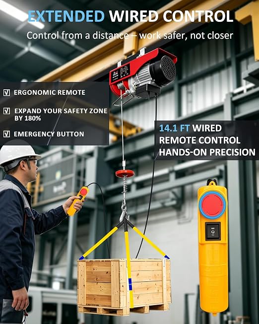 1320 lbs Electric Hoist with 14.1 ft Wired Control,110V Electric Winch with Emergency Stop Switch,Zinc-Plated Steel Wire Hoist,Material Handling Tool for Warehouse,Garage,Factory,Attic