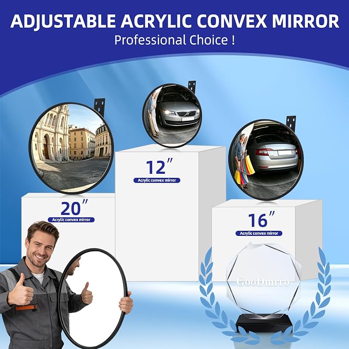 Shatterproof Acrylic Convex Mirror 12 Inch with LifetimeWarranty, Wide Angle Anti Theft Blind Spot Mirror with Wall Mount Kit for Garage Driveway and Store Safety, Outdoor Indoor
