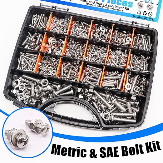 1287Pcs Nuts and Bolts Assortment Kit, 304 Stainless Steel Bolts Machine Screws Hardware Assortment Kit, Metric & SAE Phillips Pan Head Screws, Assorted Bolts, Nuts and Washers Kit