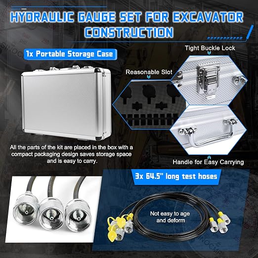 Hydraulic Pressure Gauge Test Kit Tractor Hydraulic Tester Set with 3 Gauges(25/40/60Mpa) 3 Hoses(64.5in) 11 Quick Connectors for Excavator Construction Machinery(Silver)