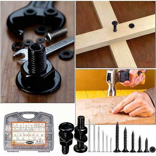 Dianrui 1680 PCS Blcak Nails and Screws Assortment Kit & Screw Bolts and Nuts, M3/M4/M5/M6 Machine Screws, Small Nails for Picture Hanging, #6#8 Drywall Screw Set for DIY Project Length 1/2" to 2"