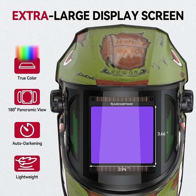 ARCCAPTAIN Auto Darkening Welding Helmet with Side View, 180° Panoramic View, 1/1/1/1 True Color Large Viewing Welding Hood with 4 Arc Sensor Solar Powered, Wide Shade 4/5-9/9-13 for TIG MIG ARC CUT