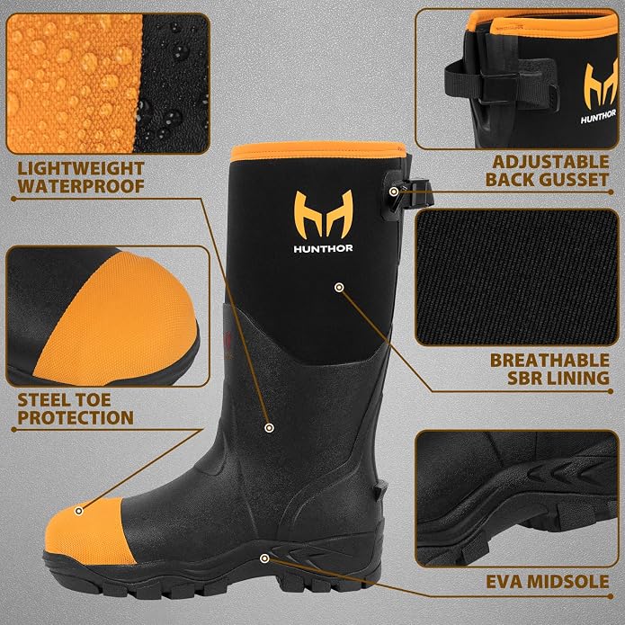 Rubber Work Boots for Men with Steel Toe, 400g Insulated, 1100N Puncture-Proof Hunting Boots with 7mm Neoprene Waterproof and EVA Midsole, Back Gusset, Ideal for Work,Farming Fishing Size 7-14