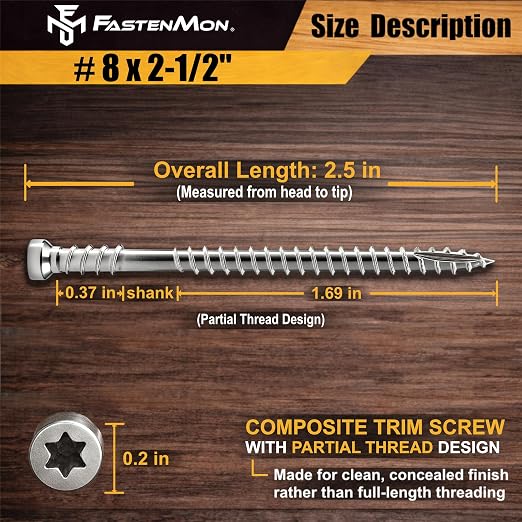 Composite Trim Screws, #8 x 2-1/2” Stainless Steel 304, 450pcs | Hidden Fastener For PVC & Wood, Outdoor Deck, Exterior & Finish Fasteners, Rust-Resistant, T-10 Star Drive, 3.4lbs