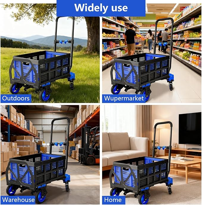 2-in-1 Hand Truck Dolly with Folding Basket, 330LB Heavy Duty Carrying Portable Handtruck, Folding Hand Dolly with 4 Wheels&Retractable Handle for Moving, Luggage, Shopping, Office