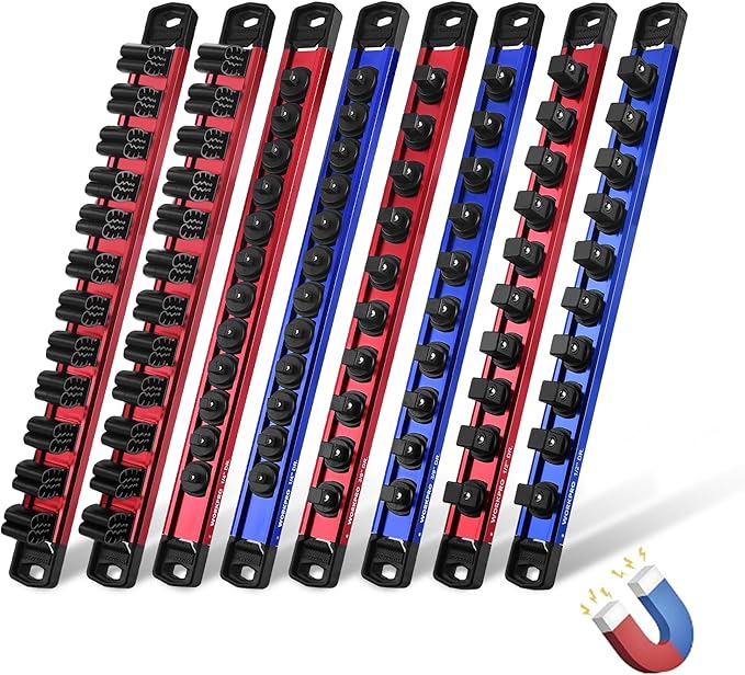 WORKPRO 8-Piece Magnetic Socket and Screwdriver Organizer Set | 6-Piece 1/4", 3/8" & 1/2" Drive Metric & SAE Socket Rails, 2-Piece Screwdriver and Wrench Holders