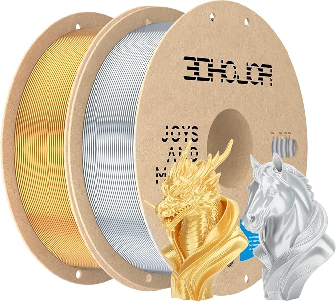 3DHoJor Silk PLA Filament 1.75mm, PLA Filament 1.75mm Silk Shiny 3D Printer Filament, 1kg*2 Cardboard Spool, Dimensional Accuracy +/- 0.03 mm, Fit Most FDM Printer(Silk Silver+Gold)