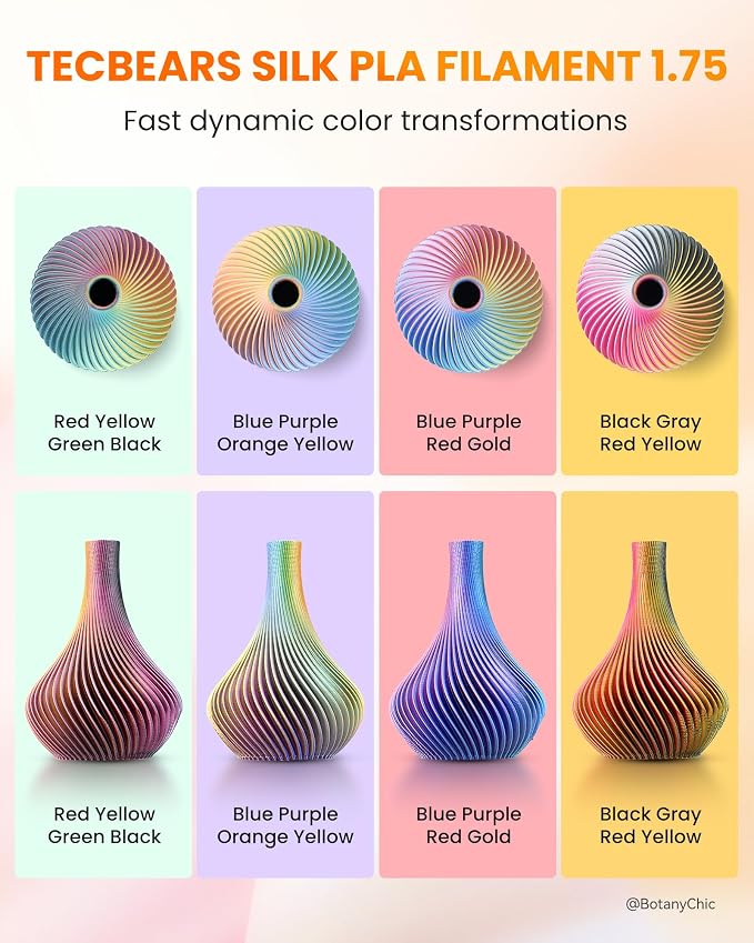 TECBEARS 4-Color Silk PLA Filament 1.75, Silk 3D Printer Filament, Shiny Silk Texture, 4 in 1 Black Red Yellow Gray，1kg Spool
