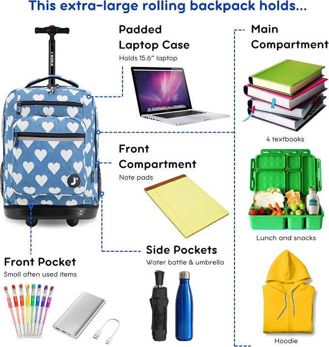 J World Sundance Laptop Rolling Backpack for Girls Boys. Roller Bookbag with Wheels, 20 Inch, Demim Heart