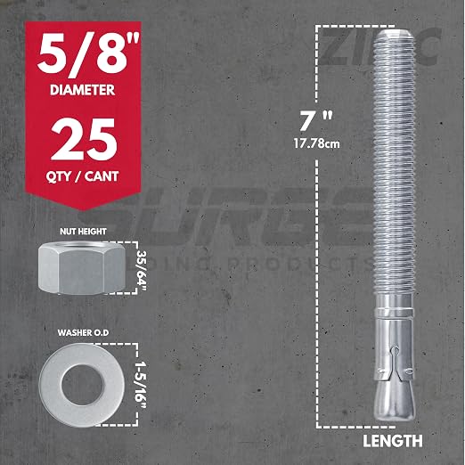 5/8" x 7" Zinc-Plated Wedge Anchors for Concrete and Cement | Heavy-Duty 5/8 Concrete Anchors (Box of 25)