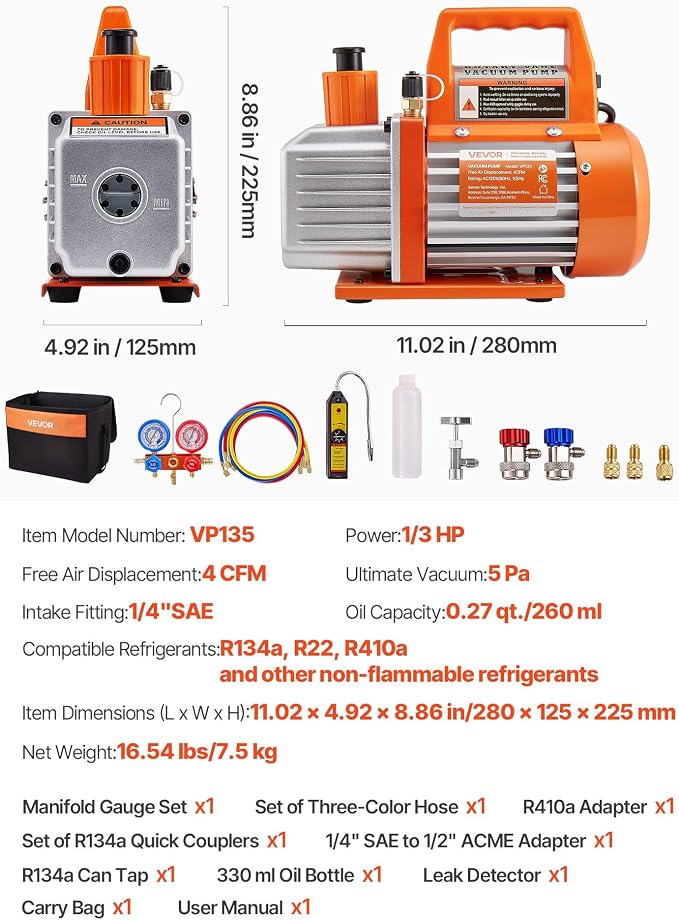 VEVOR 4 CFM AC Vacuum Pump and Gauge Set, 1/3 HP, Single Stage Rotary Vane HVAC Air Vacuum Pump, A/C Refrigerant Manifold Gauge Kit, with Leak Detector, Carry Bag, for R134a R22 R410a Refrigerants