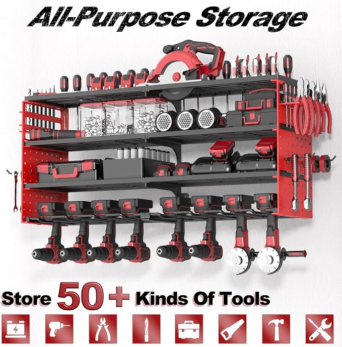 Power Tool Organizer Wall Mount, Cordless Drill Hanger Storage Rack 8 Drill Holder, 4 Layer Heavy Metal Large Capacity Tool Rack for Garage Organization (Red, 8 Drills Holder)