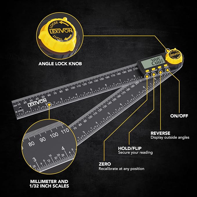 LEXIVON Aluminum Digital Angle Finder Gauge, 10-inch/250mm Multi-Purpose Protractor, Includes XL Display and Rugged Zippered Pouch (LX-DAF10)