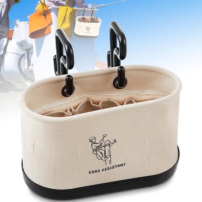 Vesici 1 Pcs White Canvas Bucket Bag Including Hooks Lineman Aerial Oval Tool Bucket with Black Polypropylene Bottom 15 Interior Pockets Tool Organizer for Industrial Maintenance Construction Sites