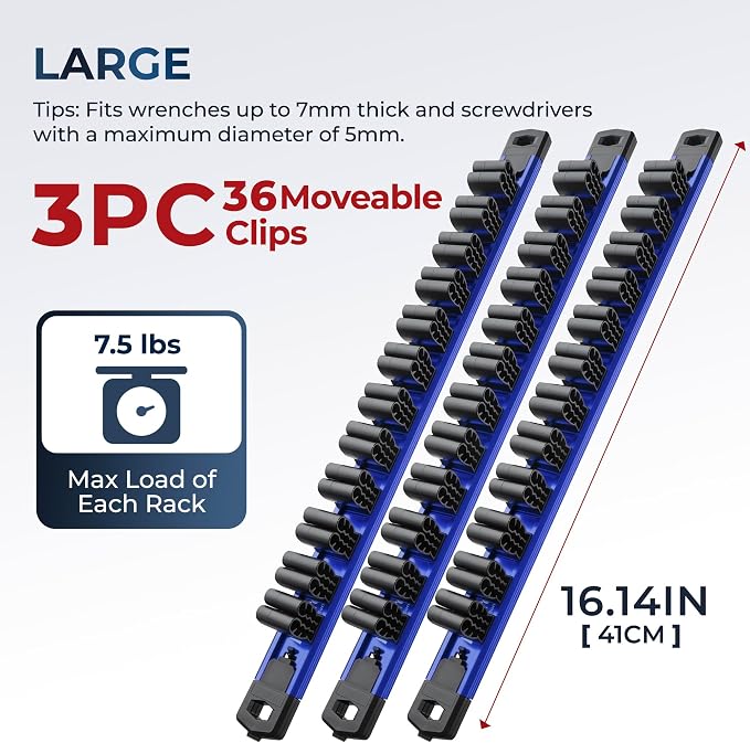Reniteco 3-Piece Magnetic Screwdriver Organizer and Magnetic Wrench Organizer, Aluminum Rail Tool Holder, 36 Removable Clips, Fits Screwdrivers, Wrenches & Hand Tools, Dual Mount, Tools Not Included