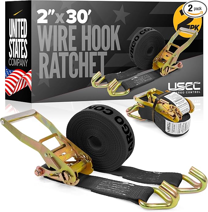 US Cargo Control Wire Hook Ratchet Straps 2 Inch x 30 Foot (2-Pack), 10,000 LBS Break Strength, Ratchet Straps Heavy Duty with Double J Hooks, Black Cargo Tie Downs for Flatbed Trailers and Trucks