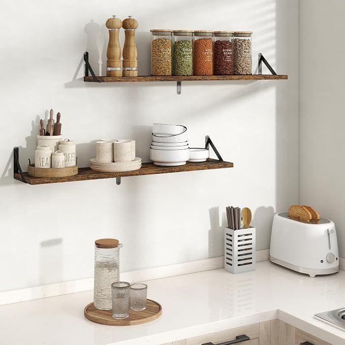 Floating Shelves 8 Inch Deep, 36W x 8D Wall Shelf Set of 2, 60 lbs Heavy Duty Reversible Metal Brackets, Industrial Book Shelf for Living Room Kitchen Bath Bedroom Gallery Wall, Rustic Brown