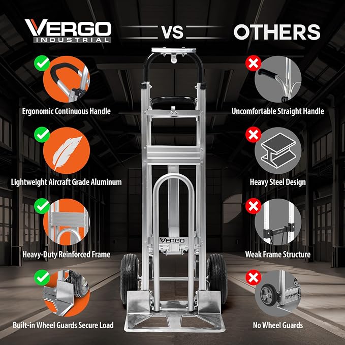 Vergo Industrial Convertible Hand Truck - AS7A2 Heavy Duty Aluminum 3 in 1 Dolly (750 lb Capacity) Lightweight Frame, Ergonomic Handle, Extendable Loop, Versatile Moving Dolly (3 Positions 53" High)