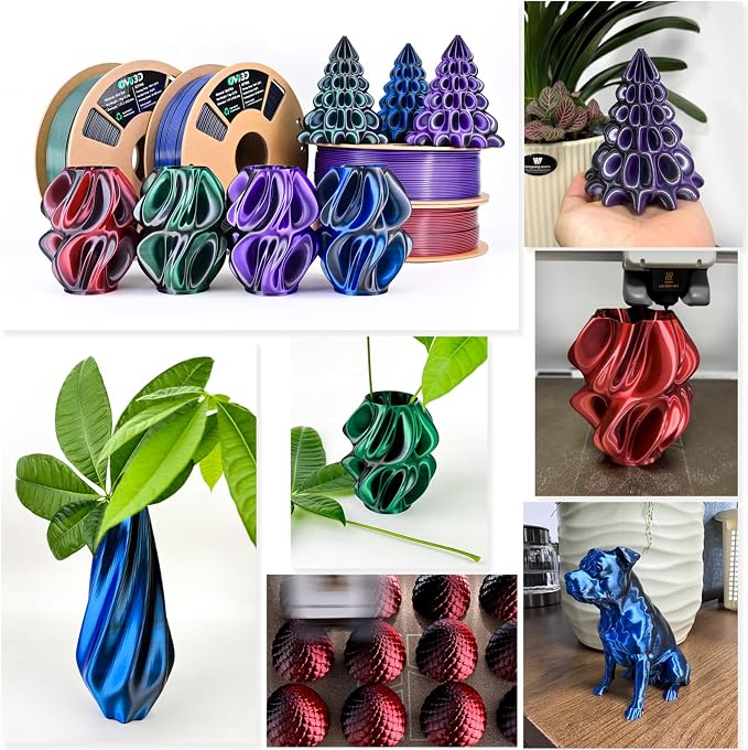 OVV3D Silk PLA 3D Printer Filament Bundle 250g x 4 Spools, Shiny Dual Color Filament 1.75mm Pack, Multi Color Change 3D Printing Filament, High Gloss Shine, 4 Pack (Black - Purple, Red, Green, Blue)