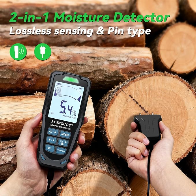 Pinless & Pin-Type Moisture Meter for Wood, Drywall & Concrete | Digital Moisture Tester, Audible Alarm, HOLD Function, Ideal for Firewood, Lumber, Home Inspections